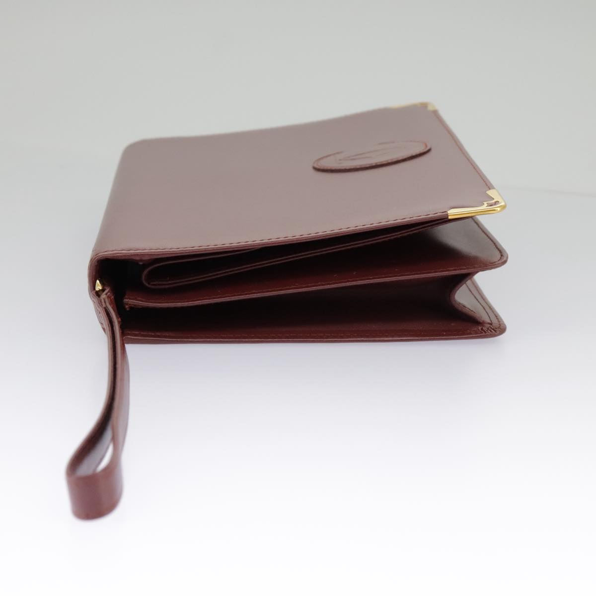 CARTIER Clutch Bag Leather Bordeaux Gold Auth ki5085A