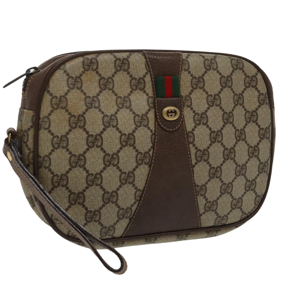 GUCCI GG Supreme Web Sherry Line Clutch Bag PVC Beige Red 156 01 034 Auth ki5089