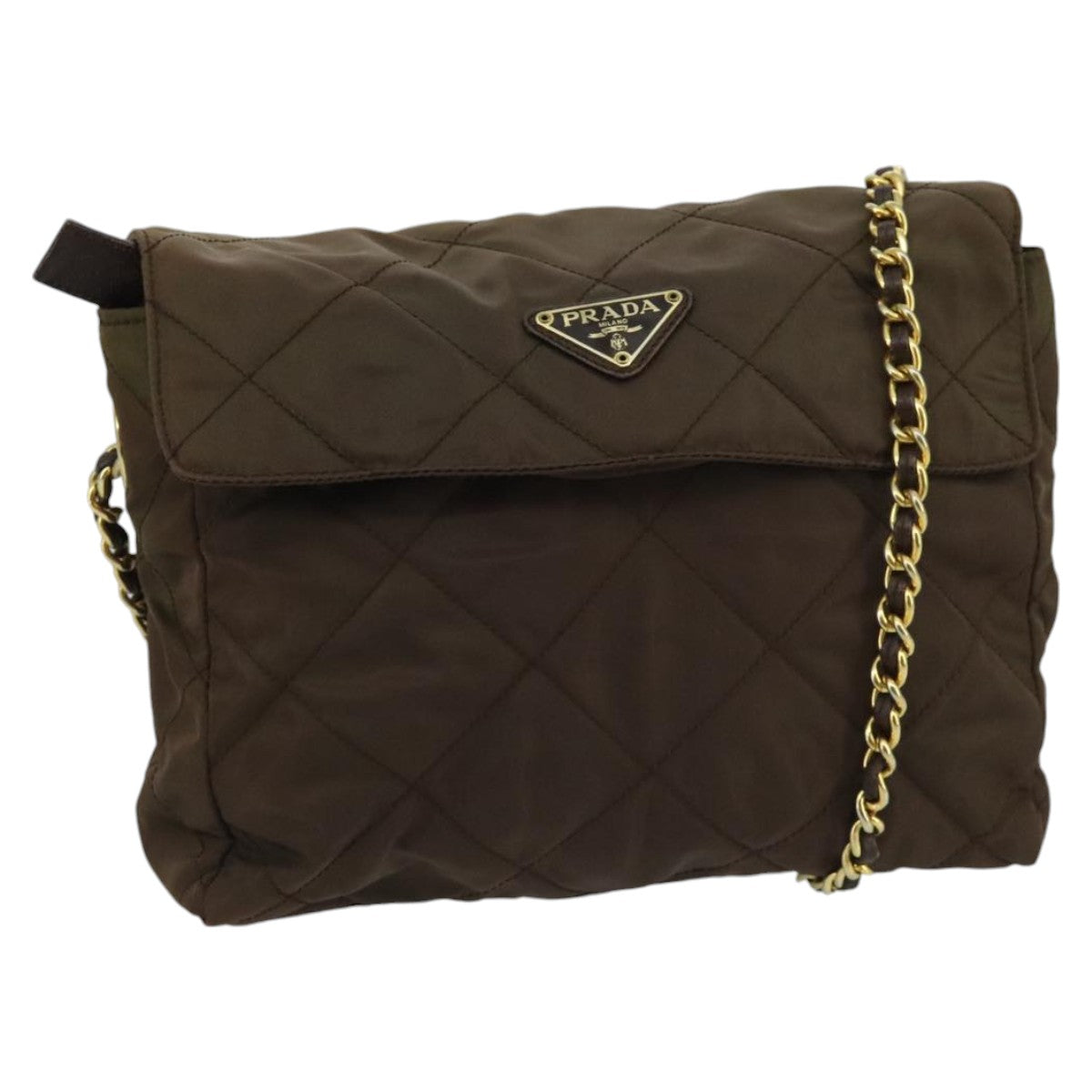 PRADA Chain Shoulder Bag Nylon Brown Gold Auth ki5092