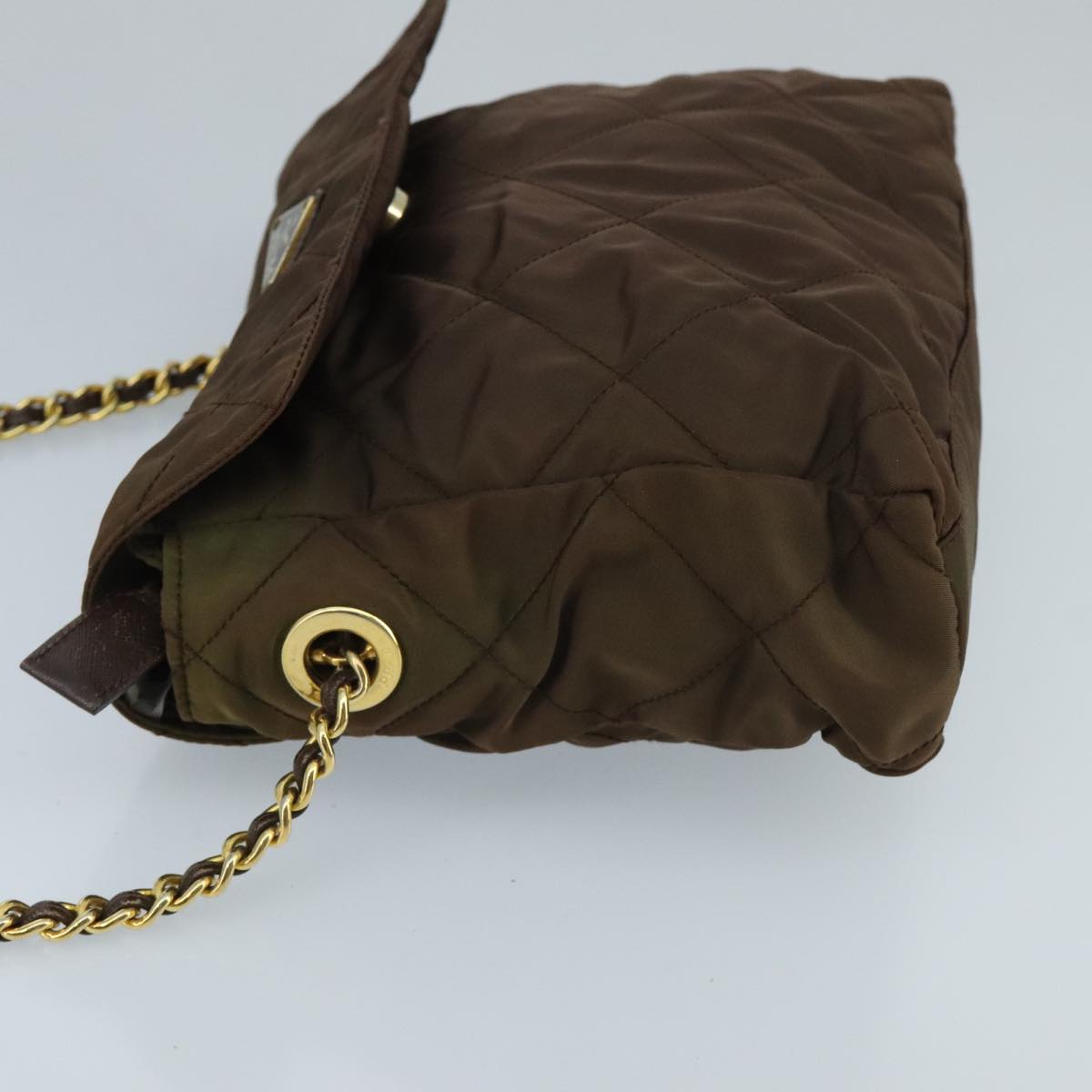 PRADA Chain Shoulder Bag Nylon Brown Gold Auth ki5092