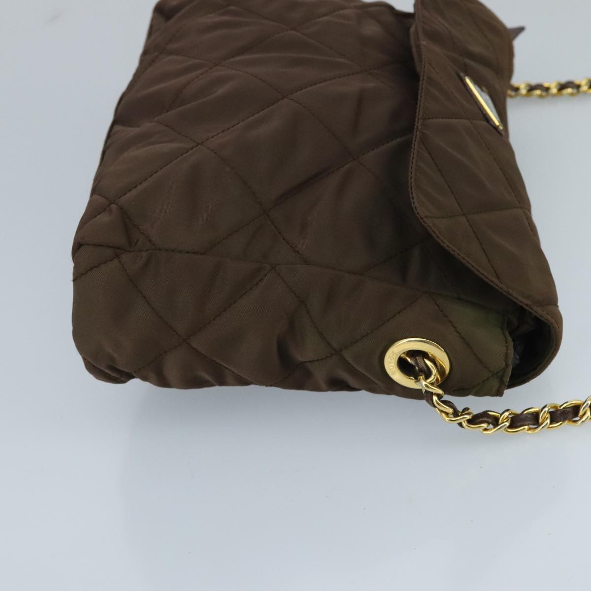 PRADA Chain Shoulder Bag Nylon Brown Gold Auth ki5092