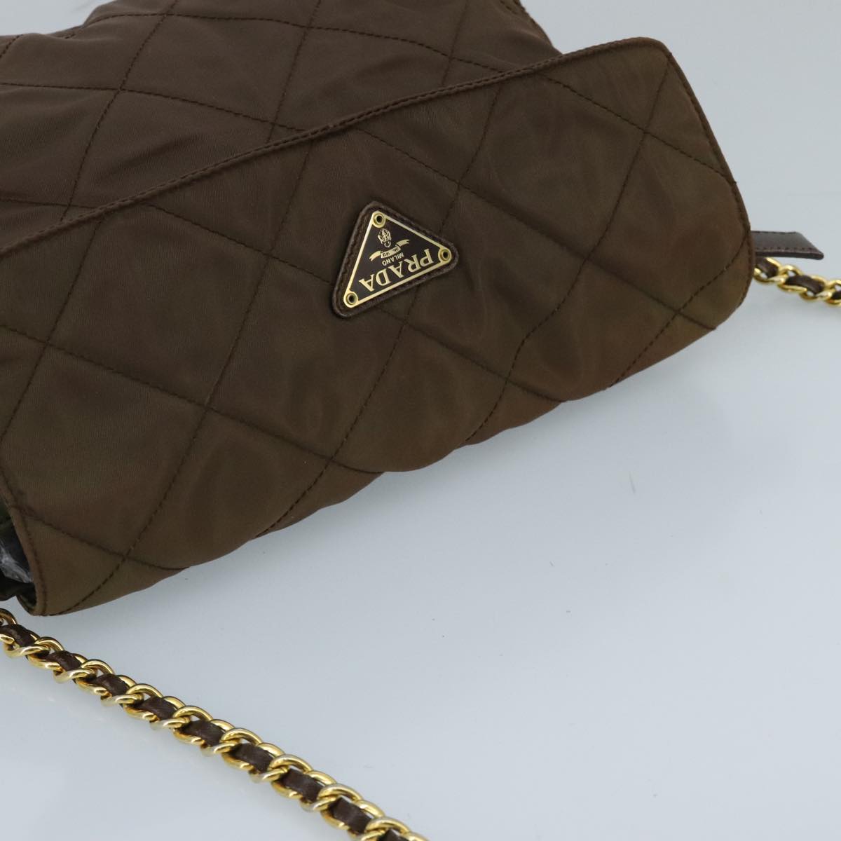 PRADA Chain Shoulder Bag Nylon Brown Gold Auth ki5092