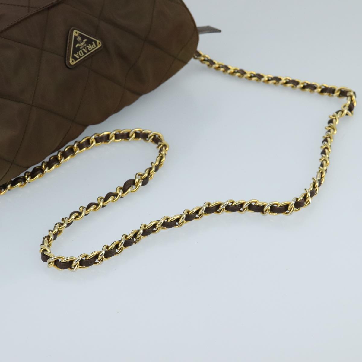 PRADA Chain Shoulder Bag Nylon Brown Gold Auth ki5092