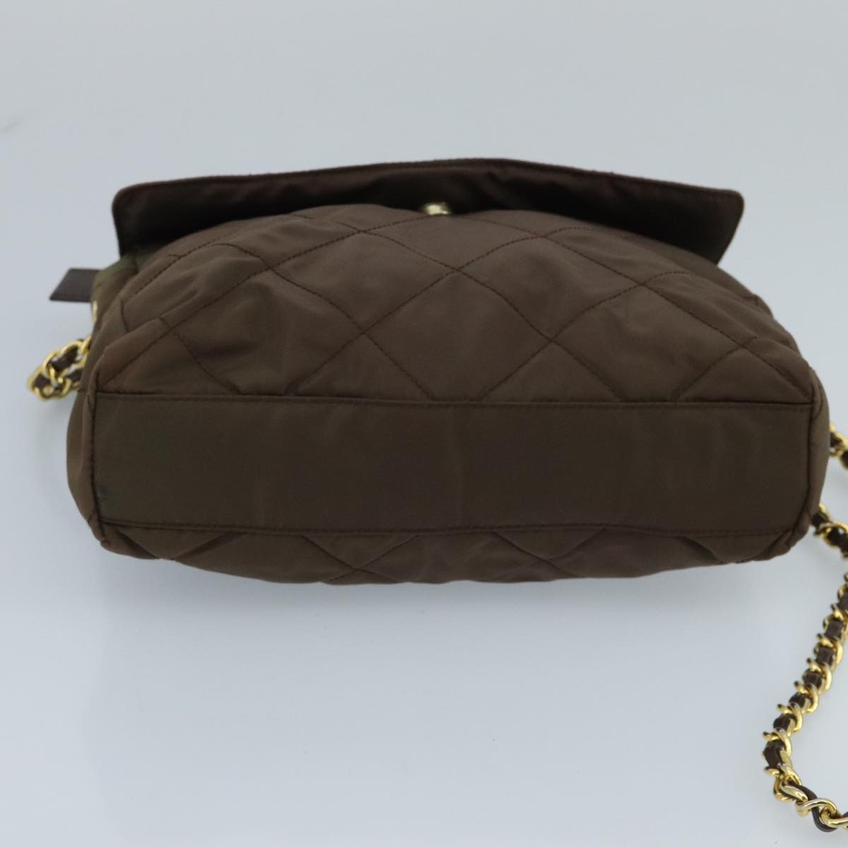 PRADA Chain Shoulder Bag Nylon Brown Gold Auth ki5092