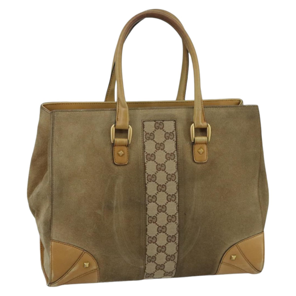 GUCCI GG Canvas Tote Bag Suede Studs Brown Gold 120897 Auth ki5094