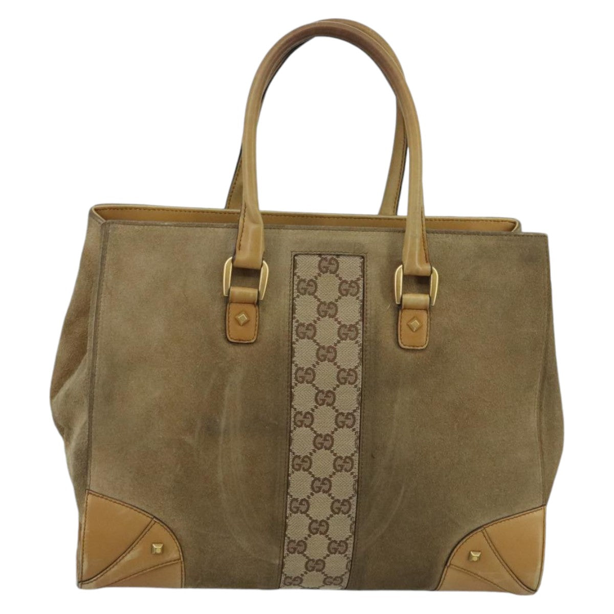 GUCCI GG Canvas Tote Bag Suede Studs Brown Gold 120897 Auth ki5094 - 0