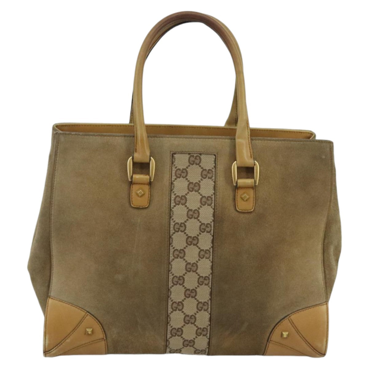 GUCCI GG Canvas Tote Bag Suede Studs Brown Gold 120897 Auth ki5094