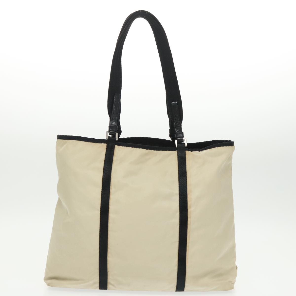 PRADA Tote Bag Nylon Canvas Gray Beige Auth ki5100