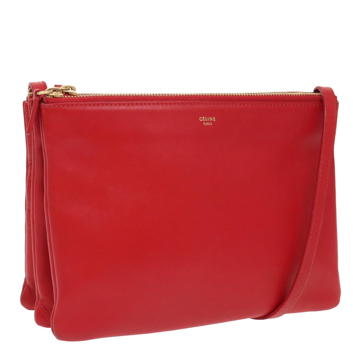 CELINE Trio Shoulder Bag Leather Red Gold Auth ki5101