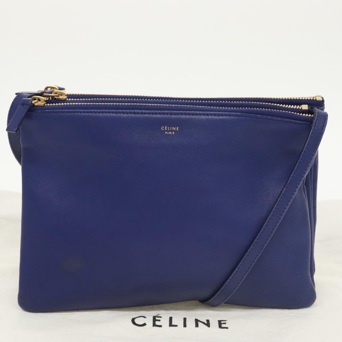 CELINE Trio Shoulder Bag Leather Blue Gold Auth ki5102