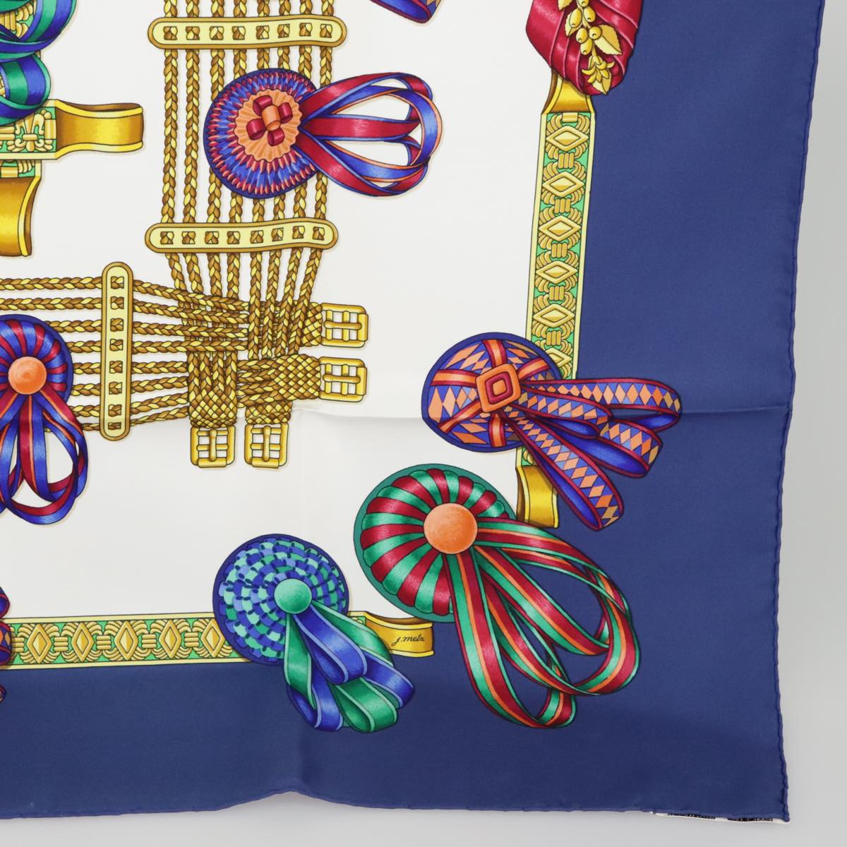 HERMES Carre 90 Scarf ""LES RUBANS DU CHEVAL"" Silk Blue White Auth ki5115