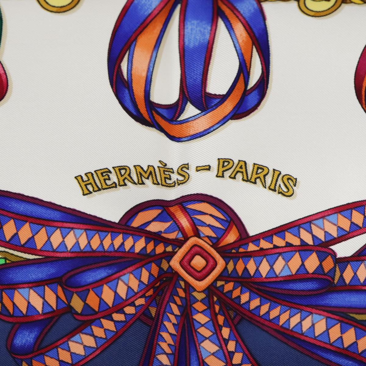 HERMES Carre 90 Scarf ""LES RUBANS DU CHEVAL"" Silk Blue White Auth ki5115