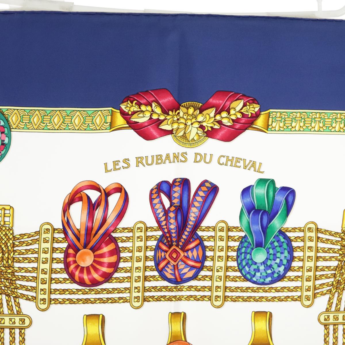 HERMES Carre 90 Scarf ""LES RUBANS DU CHEVAL"" Silk Blue White Auth ki5115