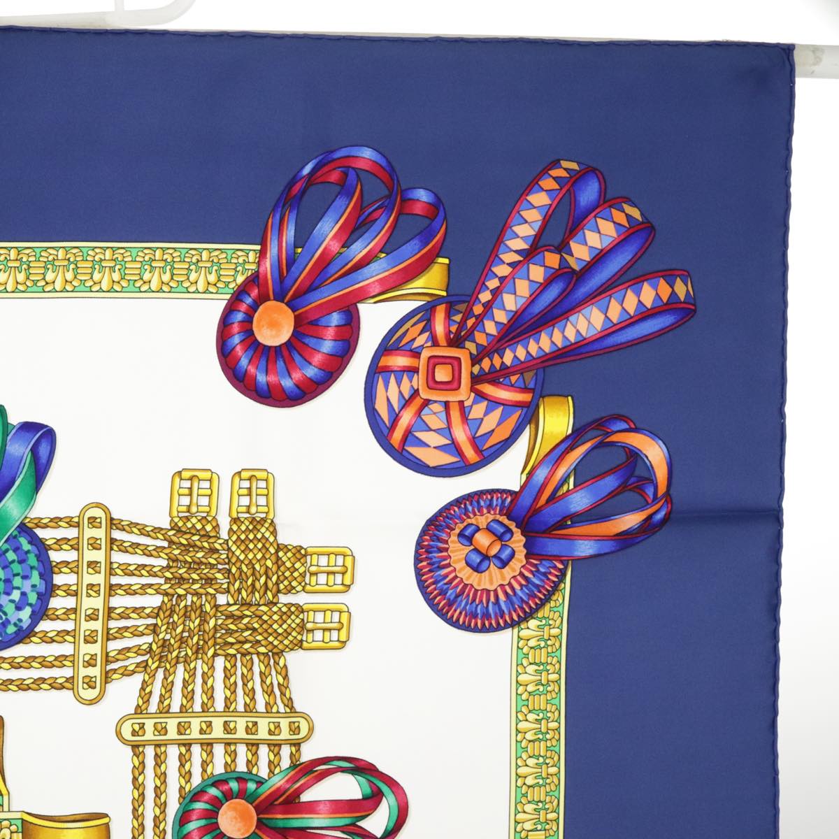 HERMES Carre 90 Scarf ""LES RUBANS DU CHEVAL"" Silk Blue White Auth ki5115