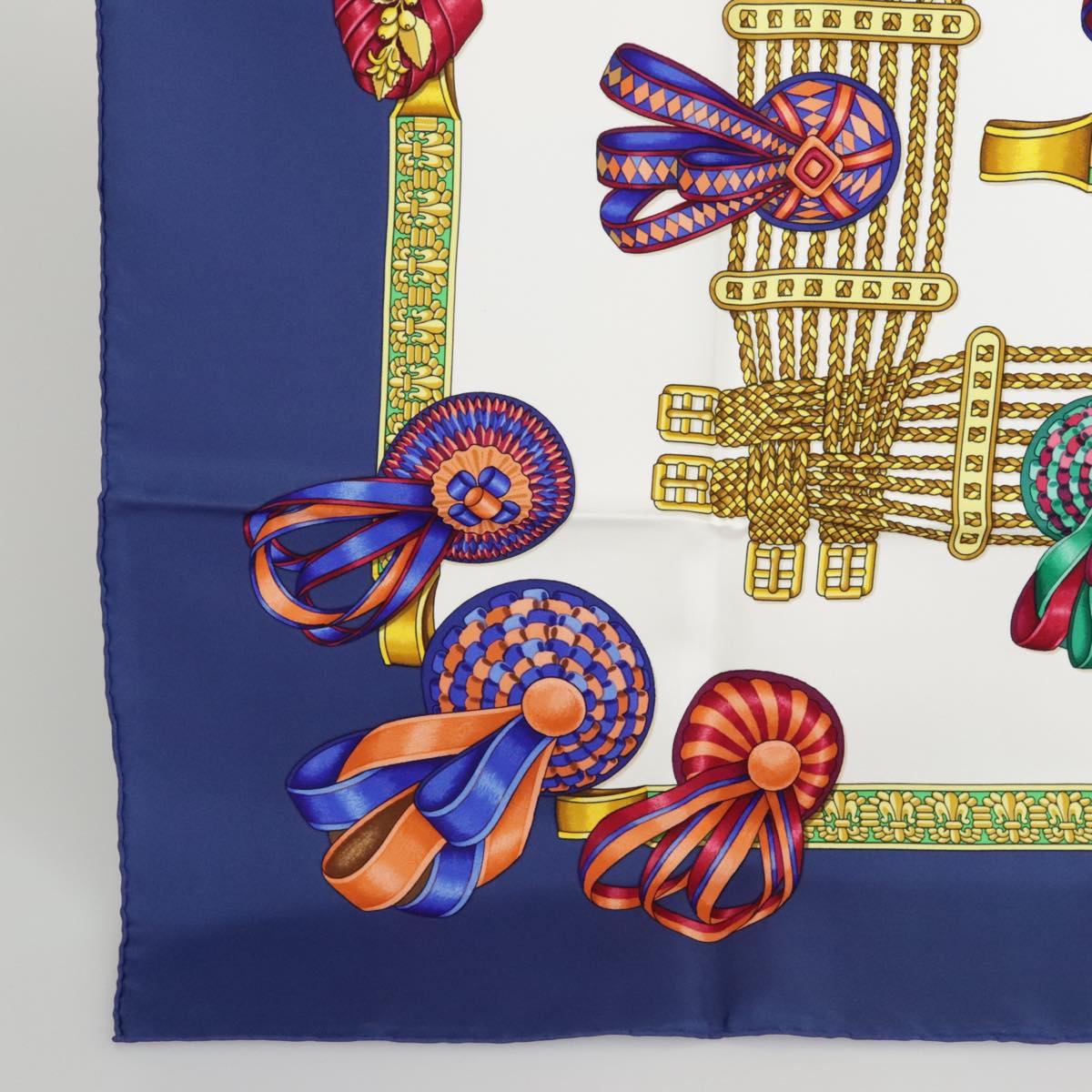 HERMES Carre 90 Scarf ""LES RUBANS DU CHEVAL"" Silk Blue White Auth ki5115