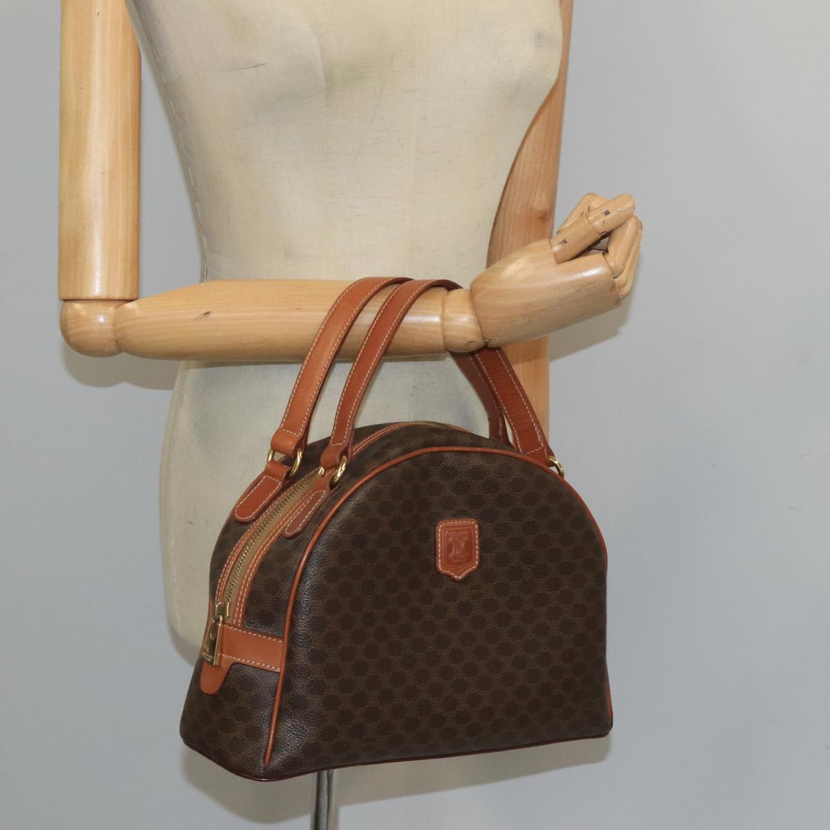 CELINE Macadam Canvas Hand Bag PVC Leather Brown Gold Auth ki5117