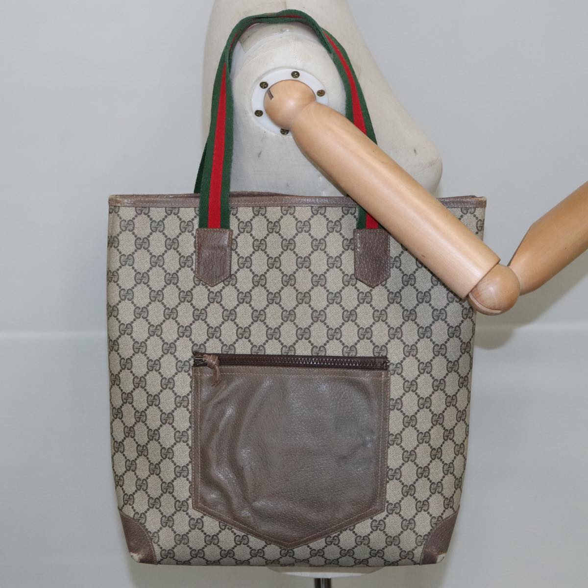 GUCCI GG Supreme Web Sherry Line Tote Bag PVC Leather Beige Auth ki5118