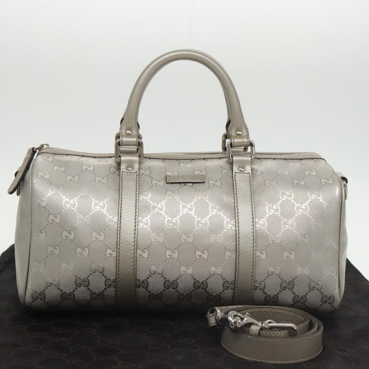 GUCCI GG implementation Boston Bag 2way Silver 203696 Auth ki5140