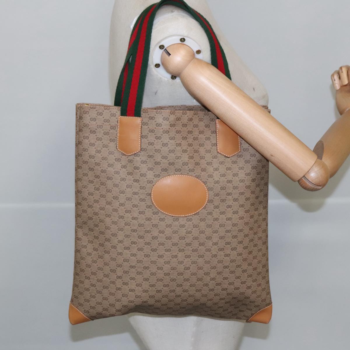 GUCCI Micro GG Canvas Tote Bag PVC Leather Beige Gold 02 37 1300 Auth ki5150