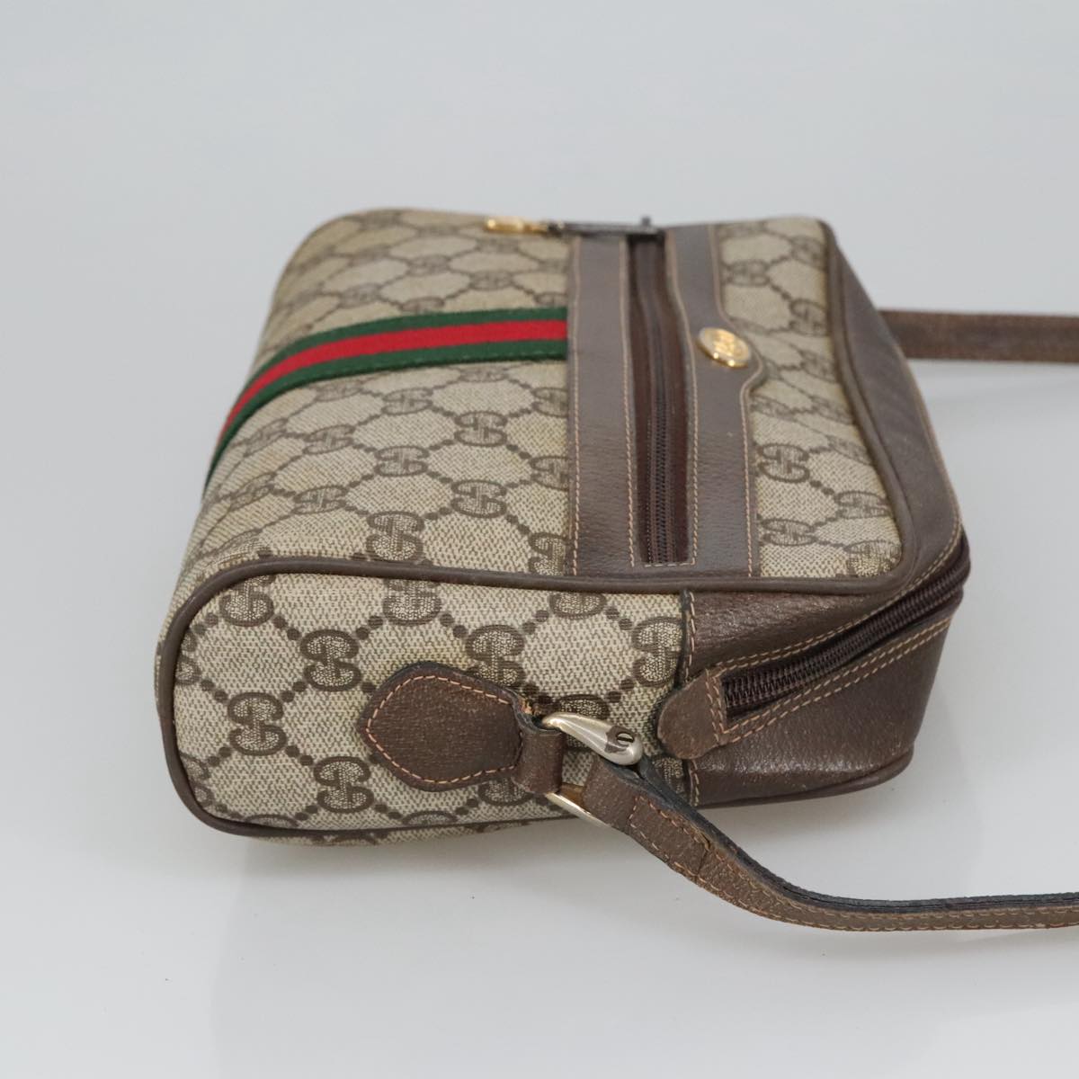 GUCCI GG Supreme Web Sherry Line Shoulder Bag PVC Beige Gold Auth ki5151