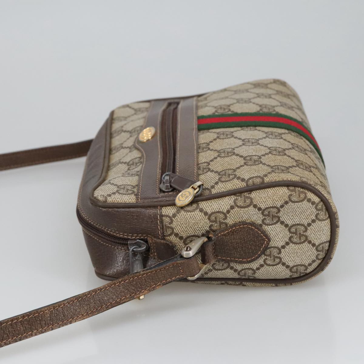 GUCCI GG Supreme Web Sherry Line Shoulder Bag PVC Beige Gold Auth ki5151