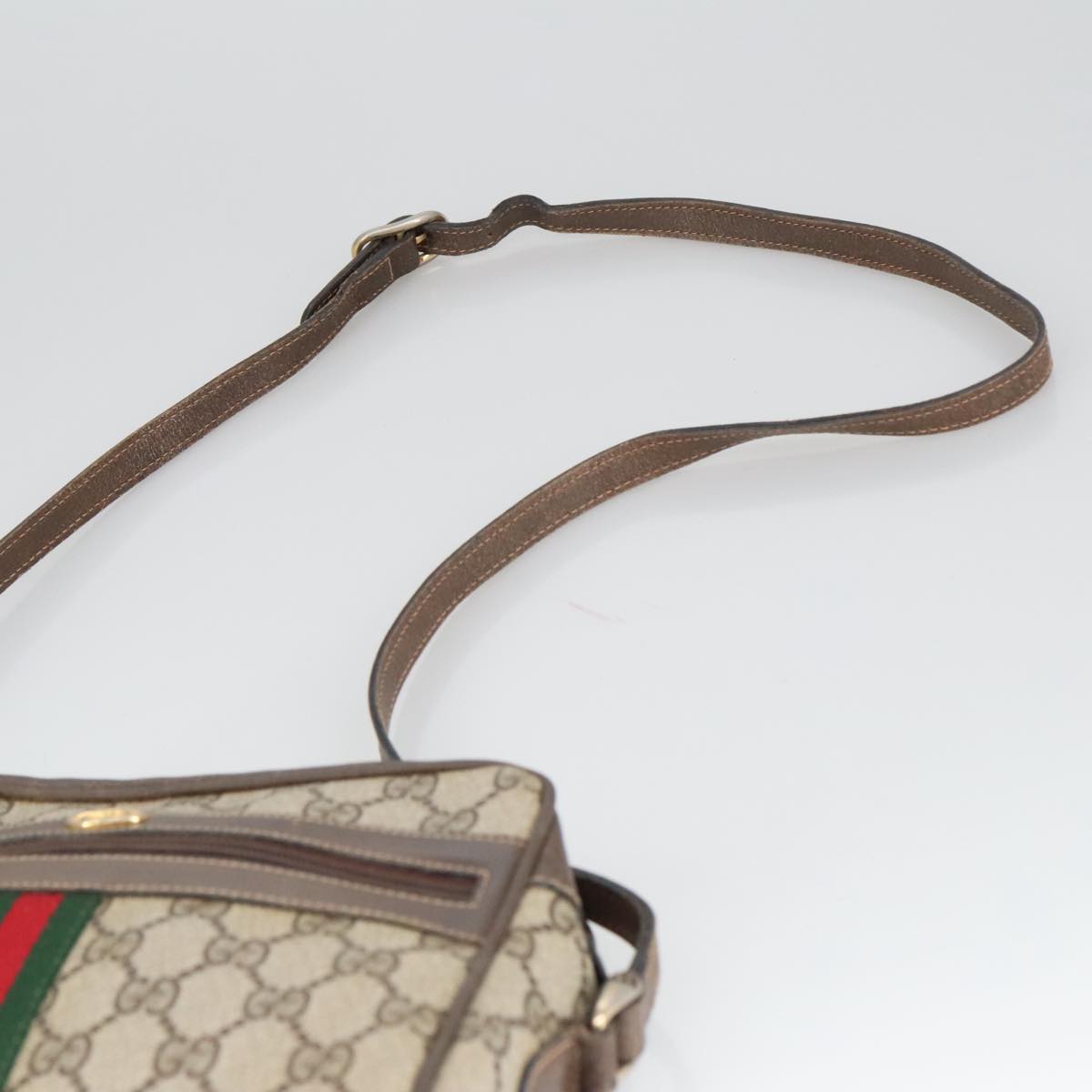 GUCCI GG Supreme Web Sherry Line Shoulder Bag PVC Beige Gold Auth ki5151