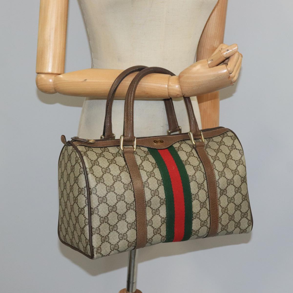 GUCCI GG Supreme Web Sherry Line Boston Bag PVC Beige Gold 39 02 007 Auth ki5154