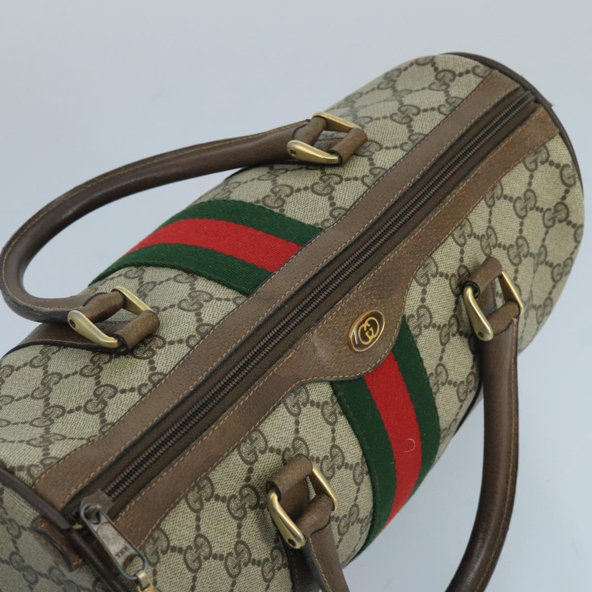 GUCCI GG Supreme Web Sherry Line Boston Bag PVC Beige Gold 39 02 007 Auth ki5154