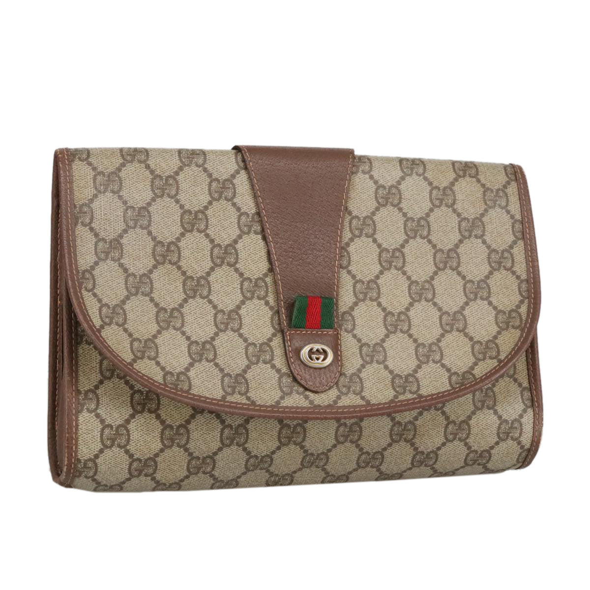 GUCCI GG Supreme Web Sherry Line Clutch Bag PVC Beige 156 01 030 Auth ki5155