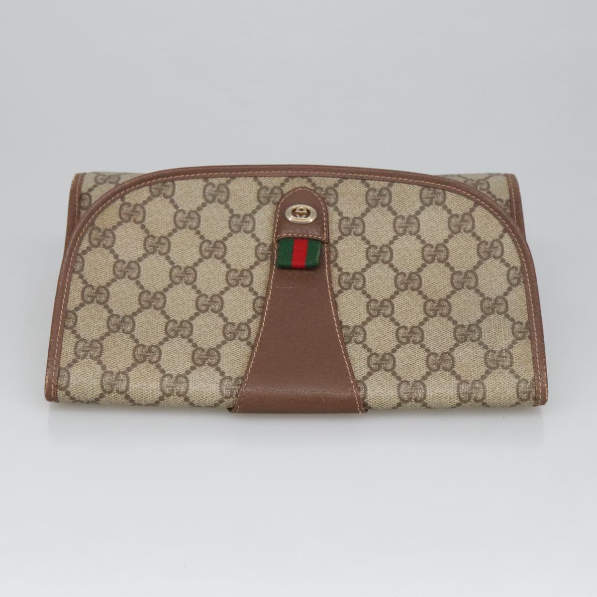 GUCCI GG Supreme Web Sherry Line Clutch Bag PVC Beige 156 01 030 Auth ki5155