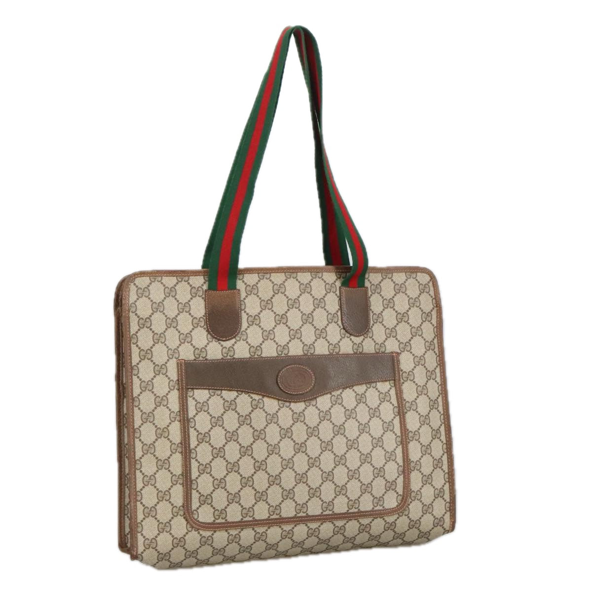 GUCCI GG Supreme Web Sherry Line Tote Bag PVC Leather Beige Auth ki5163