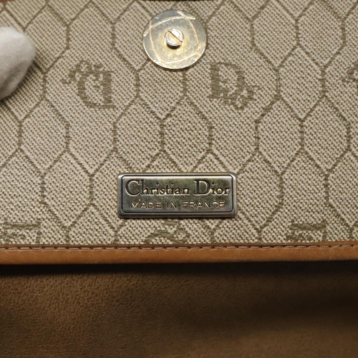 Christian Dior Honeycomb Canvas Shoulder Bag PVC Beige Gold Auth ki5186