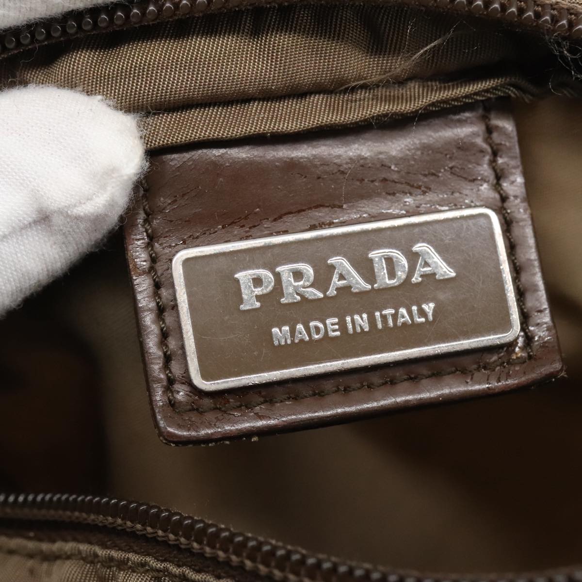 PRADA Shoulder Bag Nylon Khaki Silver Auth ki5190