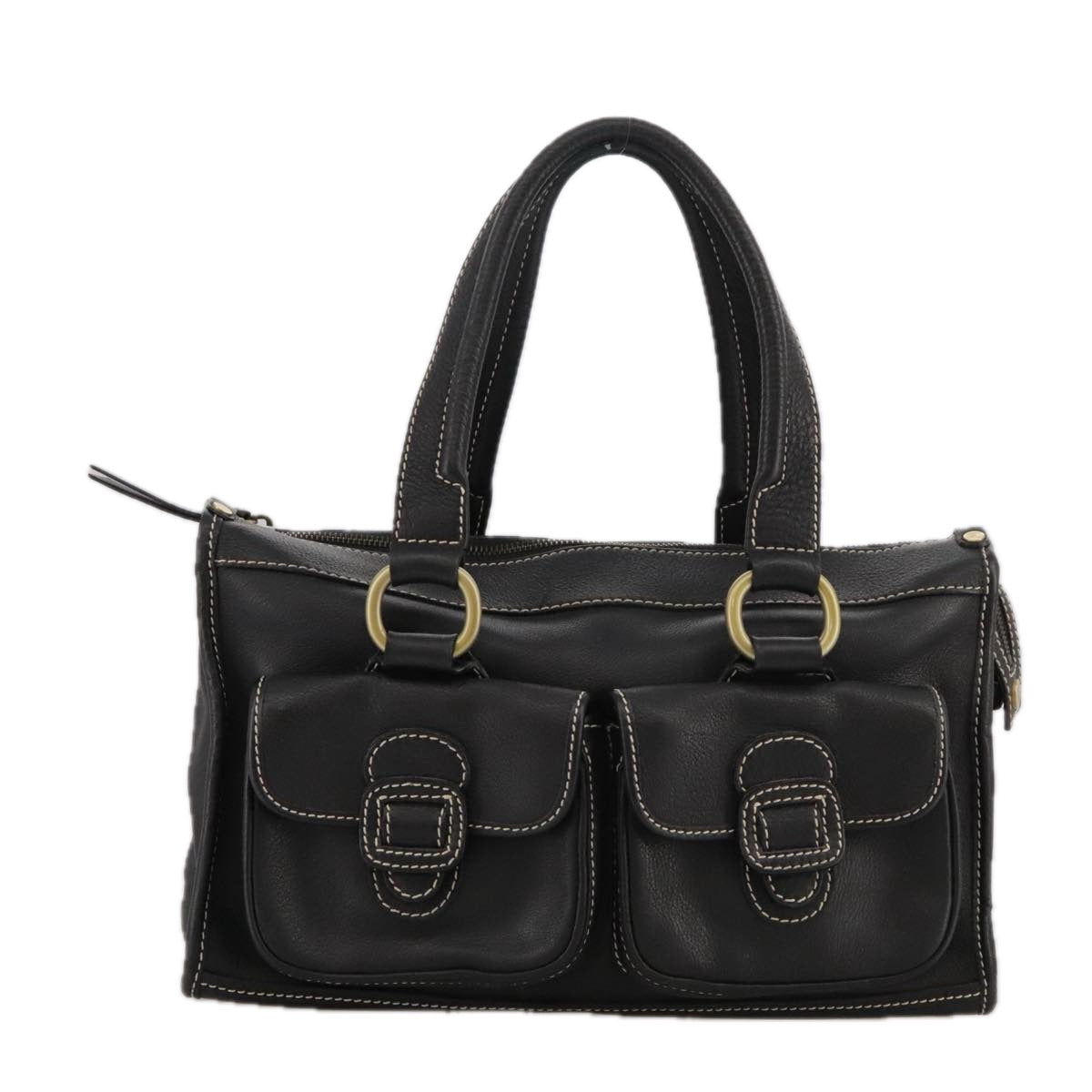 CELINE Hand Bag Leather Black Gold Auth ki5195 - 0