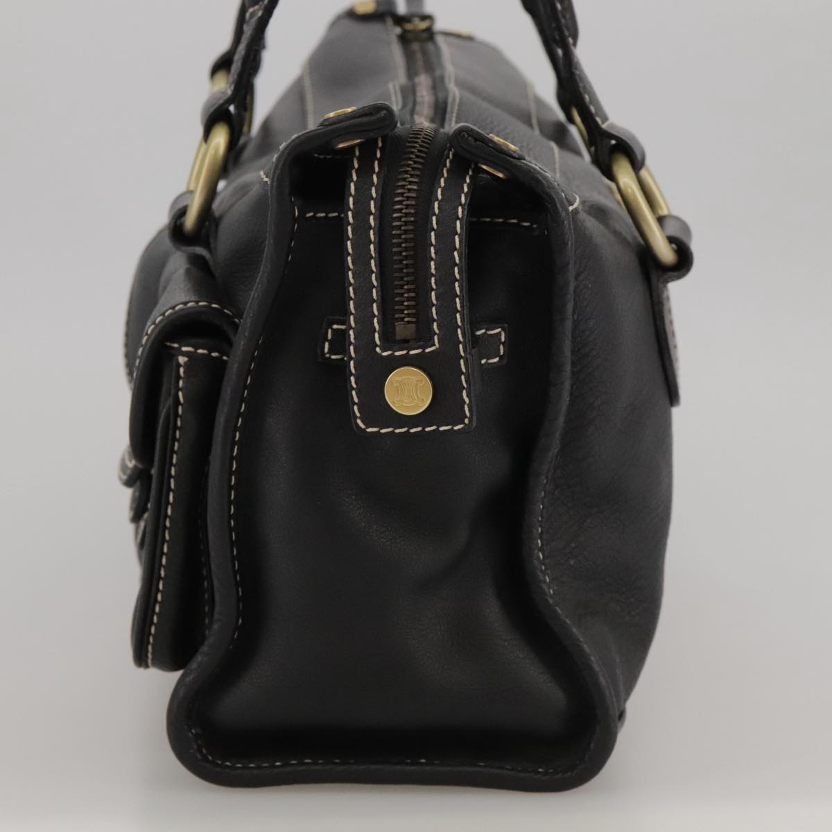 CELINE Hand Bag Leather Black Gold Auth ki5195