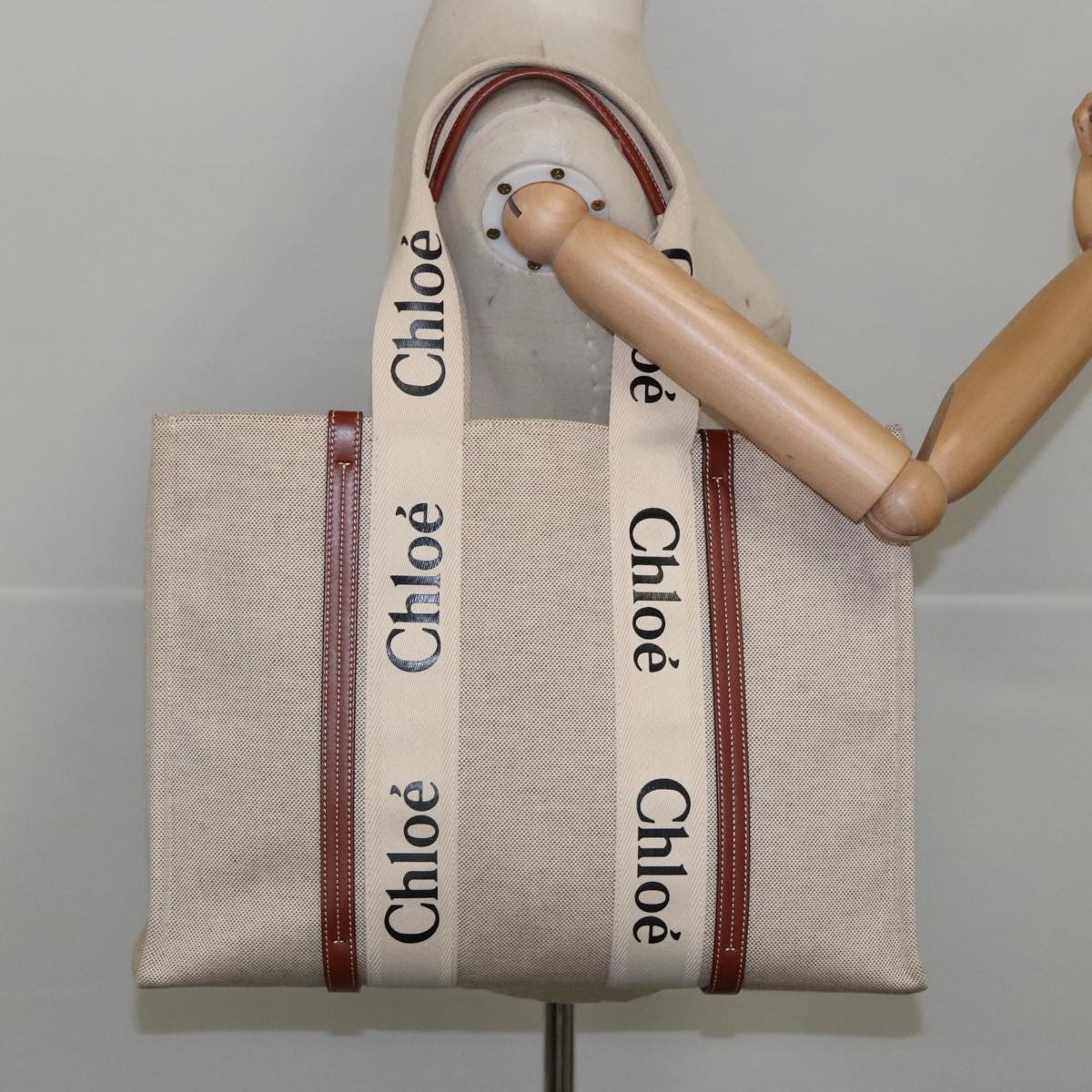 Chloe Tote Bag Canvas Leather Beige Brown Auth ki5211