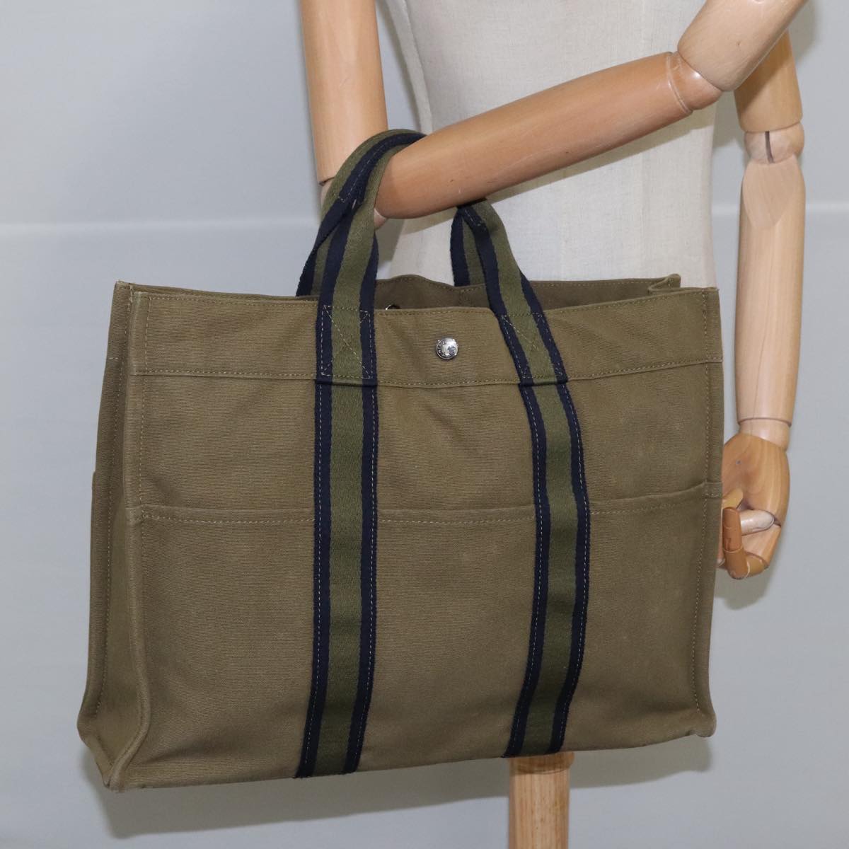 HERMES Fourre Tout MM Tote Bag Canvas Khaki Auth ki5235