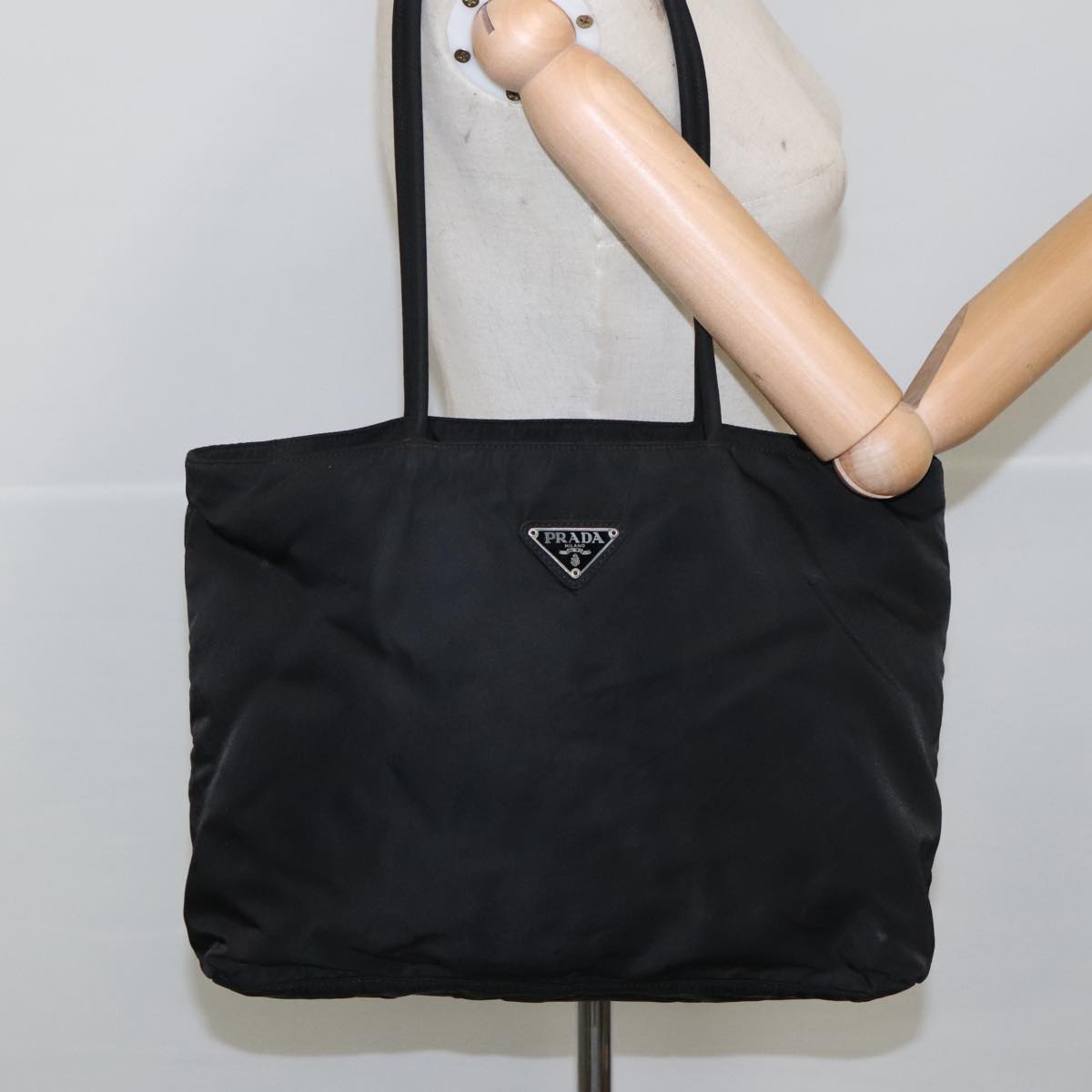 PRADA Tote Bag Nylon Black Silver Auth ki5249