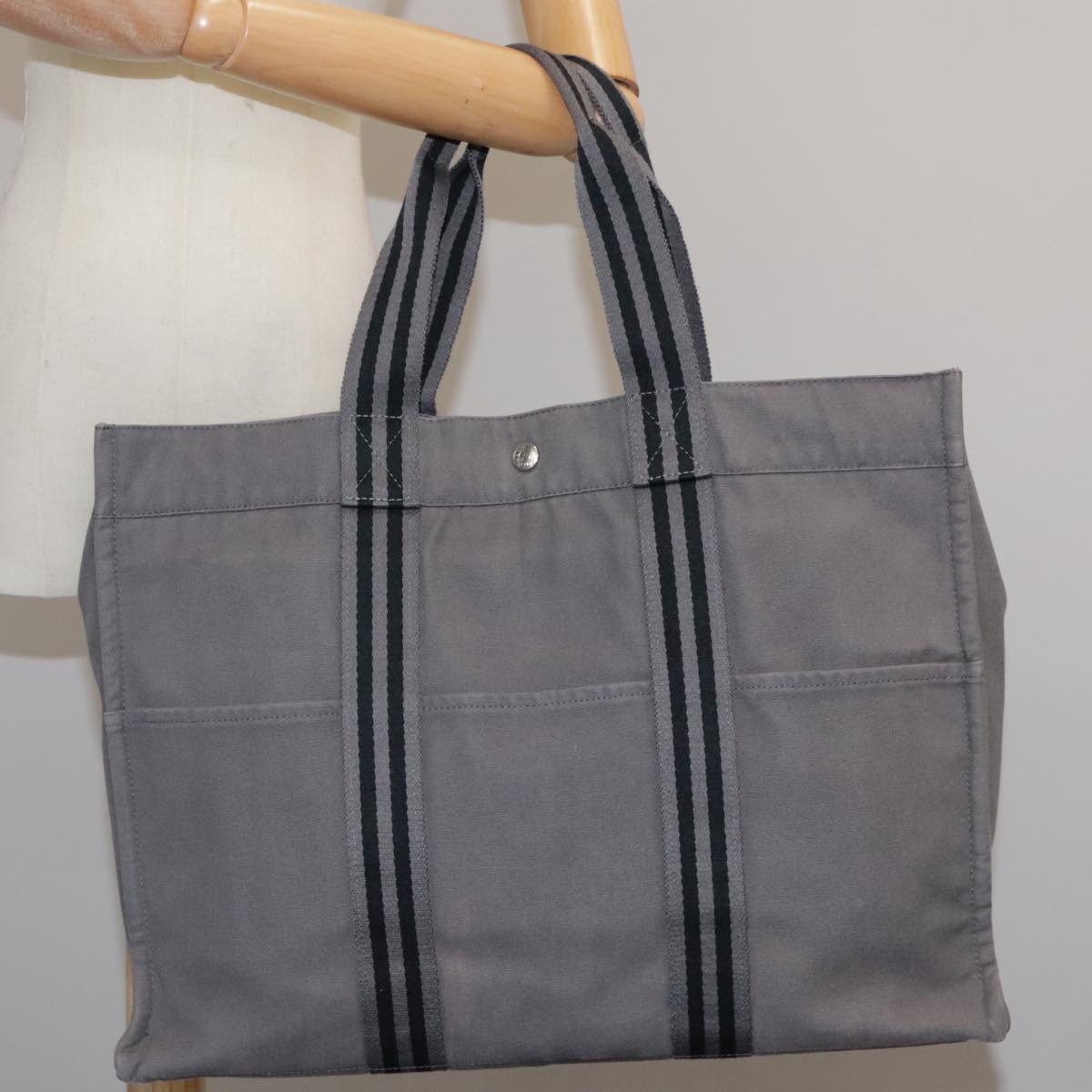 HERMES Fourre Tout GM Tote Bag Canvas Gray Silver Auth ki5263