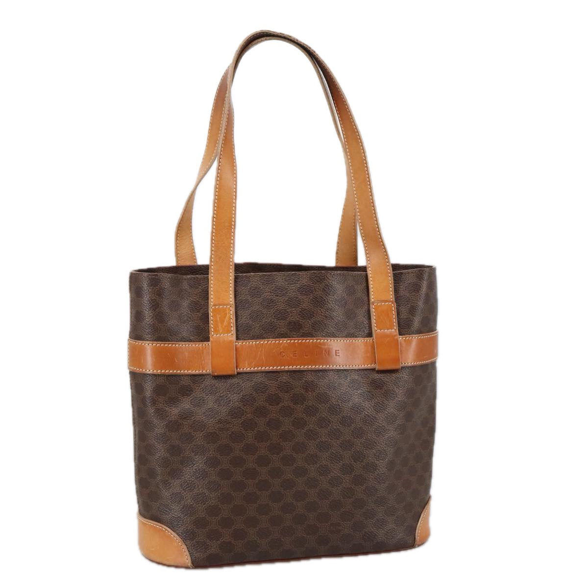 CELINE Macadam Canvas Tote Bag PVC Leather Brown Gold Auth ki5264