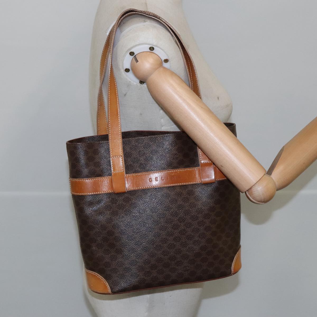 CELINE Macadam Canvas Tote Bag PVC Leather Brown Gold Auth ki5264