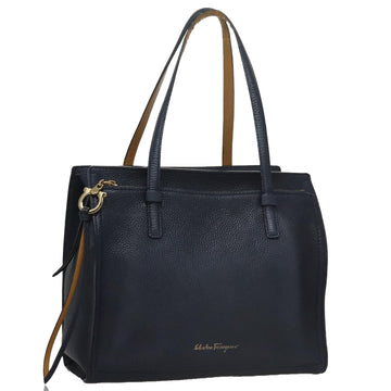 Salvatore Ferragamo Gancini Tote Bag Leather Navy Gold Auth ki5298