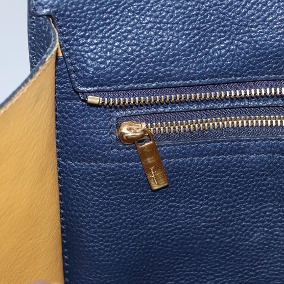 Salvatore Ferragamo Gancini Tote Bag Leather Navy Gold Auth ki5298