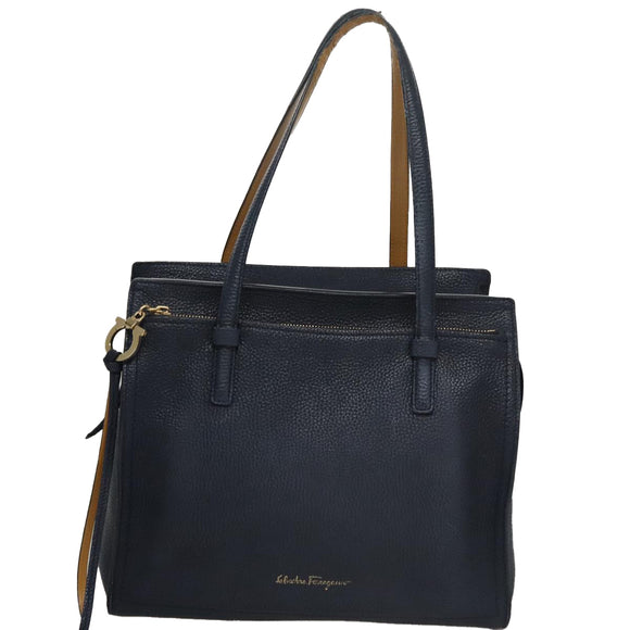 Salvatore Ferragamo Gancini Tote Bag Leather Navy Gold Auth ki5298