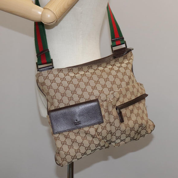 GUCCI GG Canvas Web Sherry Line Shoulder Bag Beige Red Green 169937 Auth ki5345