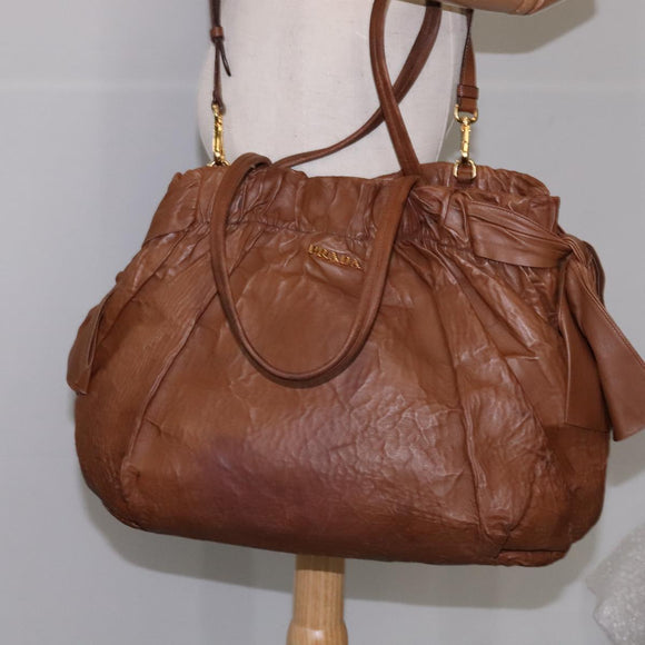 PRADA Tote Bag Leather 2way Brown Auth ki5372