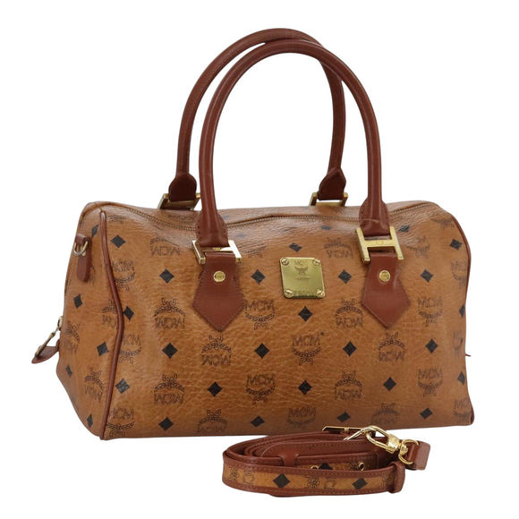 MCM Vicetos Logogram Mini Boston Bag PVC Leather 2way Brown Gold Auth ki5381