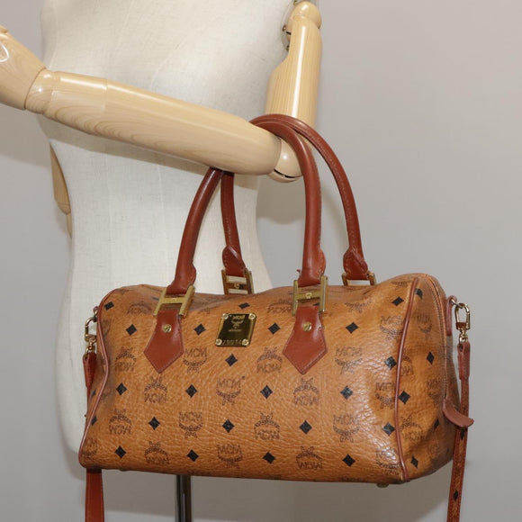 MCM Vicetos Logogram Mini Boston Bag PVC Leather 2way Brown Gold Auth ki5381