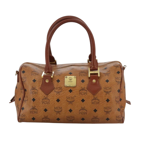 MCM Vicetos Logogram Mini Boston Bag PVC Leather 2way Brown Gold Auth ki5381