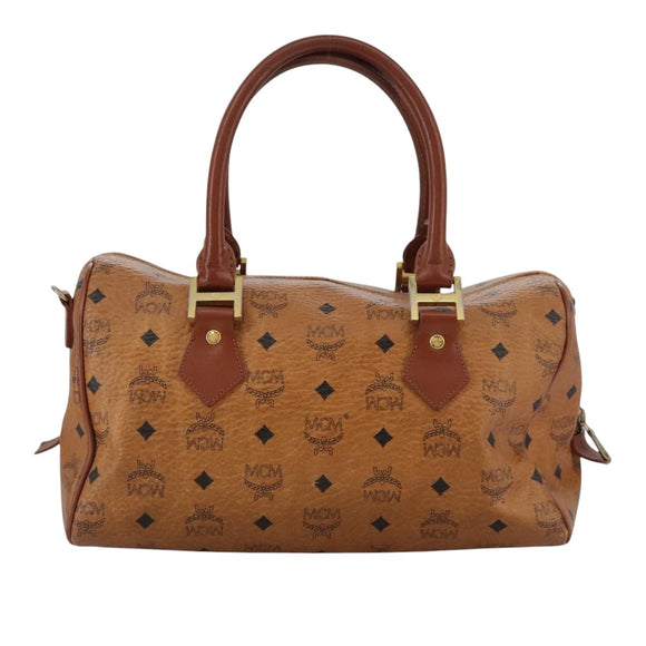 MCM Vicetos Logogram Mini Boston Bag PVC Leather 2way Brown Gold Auth ki5381